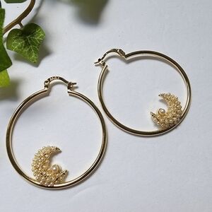 Gold Hoop Earrings with Pearl Crescent Moon